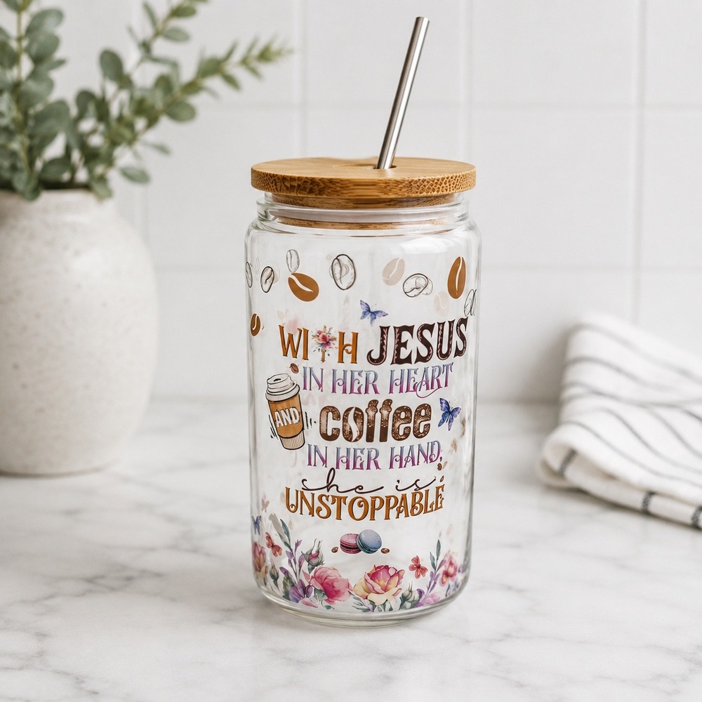 Jesus and Coffee Kind of‎ Girl 16oz Glass Tumbler with Straw and Lid